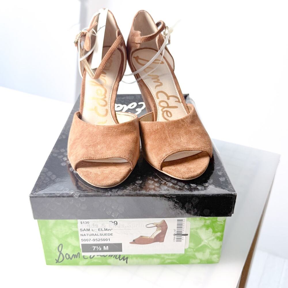 Sam Edelman Raven Wedge Sandal Suede Tan Brown Peep Toe Ankle Strap Size 7.5 NIB - Picture 2 of 10